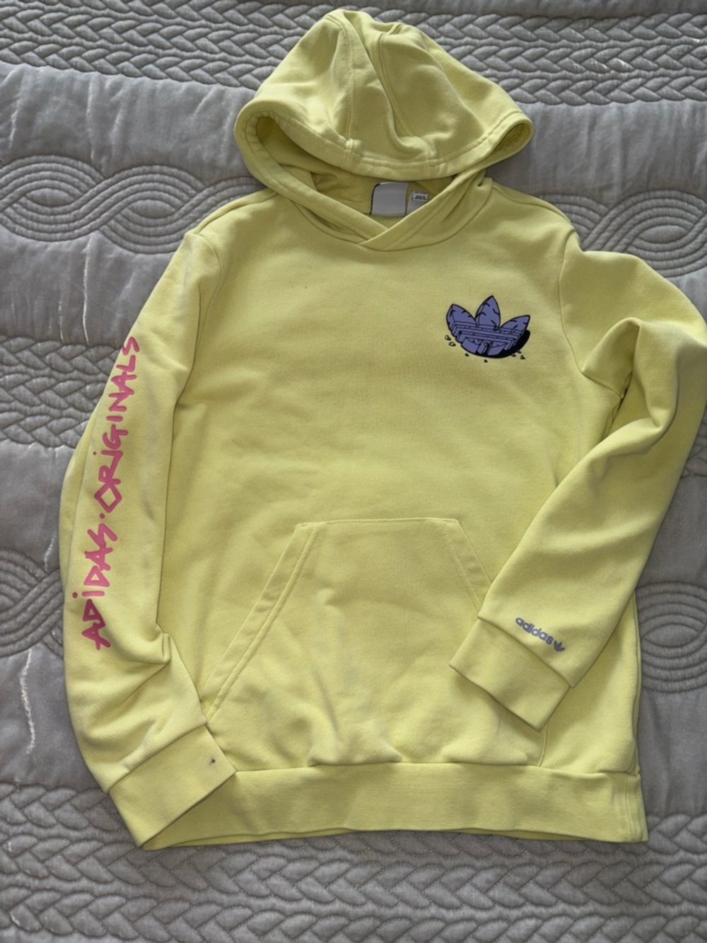adidas Originals Lemon Yellow Hoodie with Purple Trefoil and Pink Sleeve Text